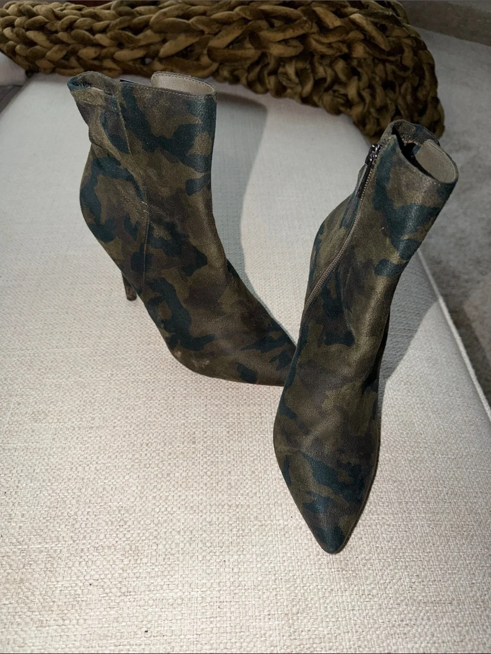 Jessica Simpson Camouflage Pointed-Toe Ankle Booties in Olive and Dark Green